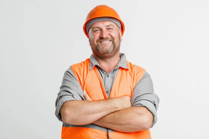 Smiling middle-aged man in orange safety helmet and vest with arms crossed against white background