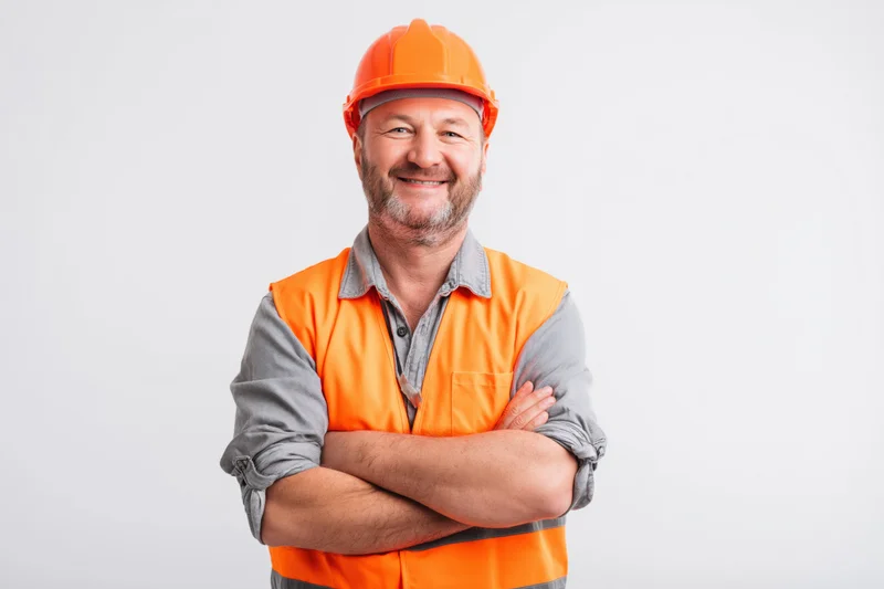 Middle-aged man in orange safety helmet and vest standing with arms crossed against white background