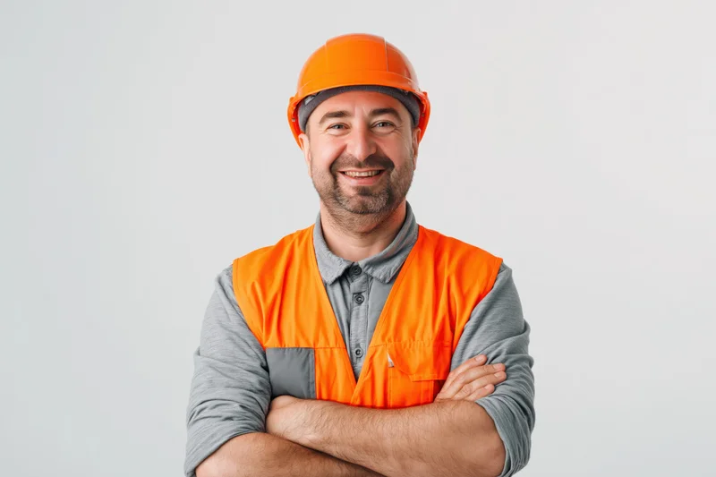 Smiling middle-aged construction worker in orange safety vest and helmet with arms crossed against white background
