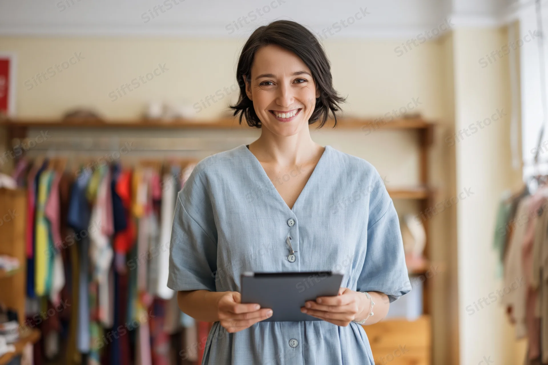 Smiling young woman holding digital tablet in clothing boutique interior