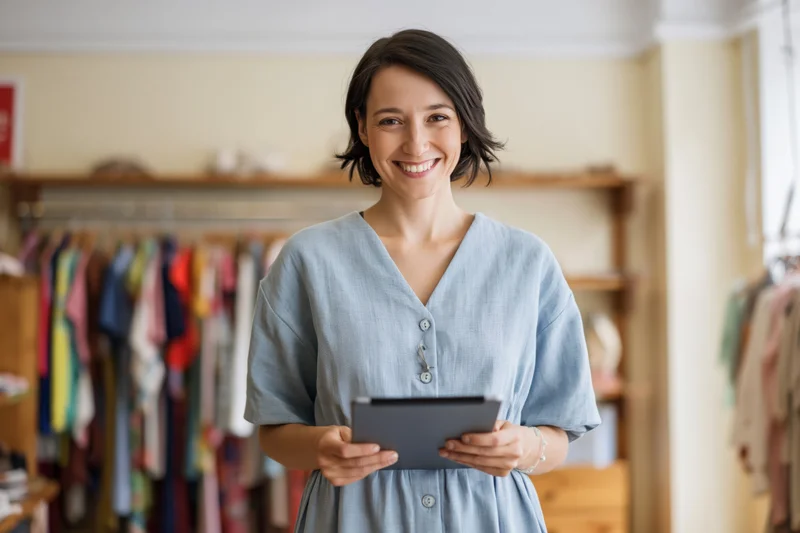 Smiling young woman holding digital tablet in clothing boutique interior