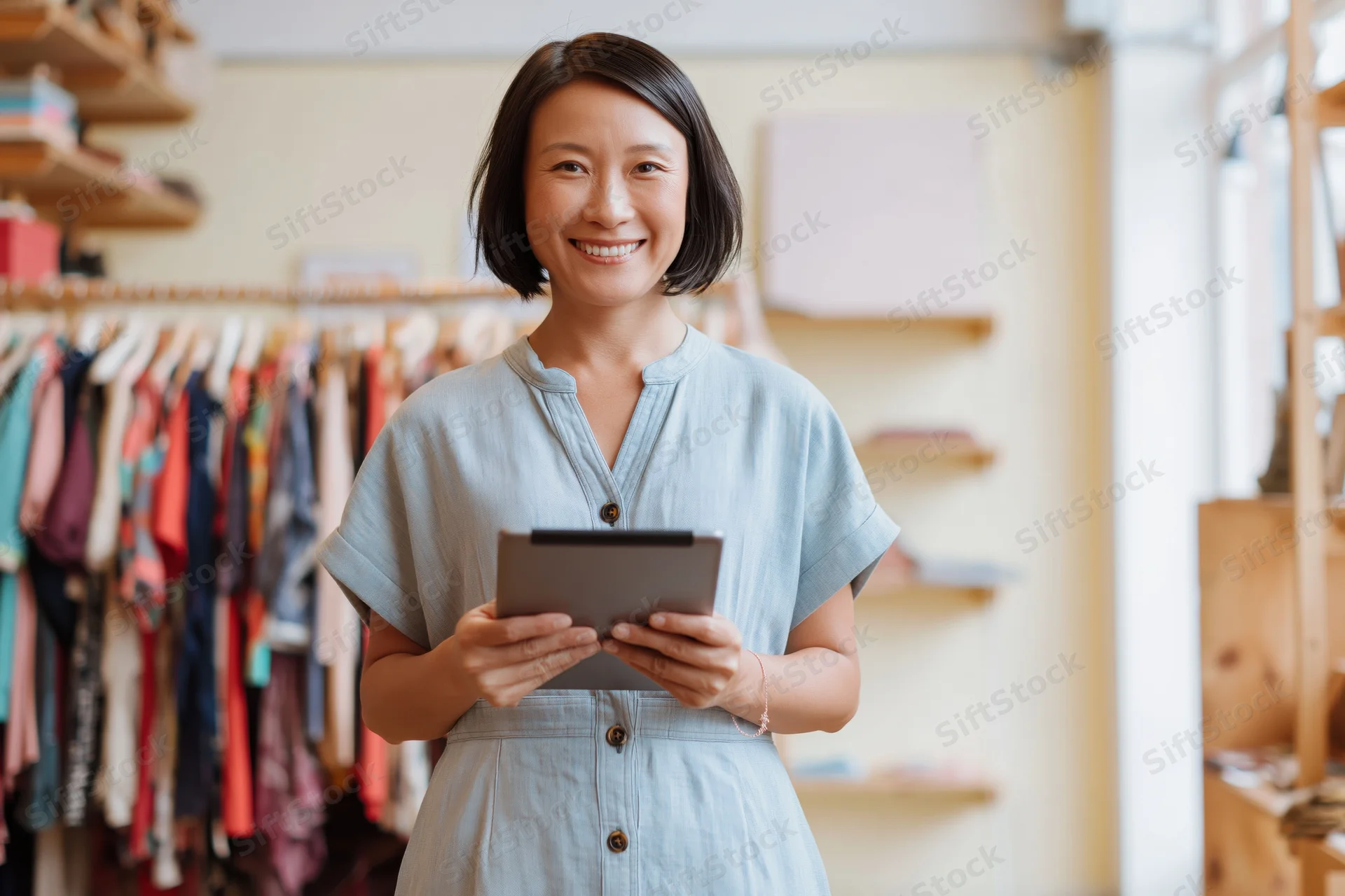 Smiling woman holding digital tablet in boutique clothing store