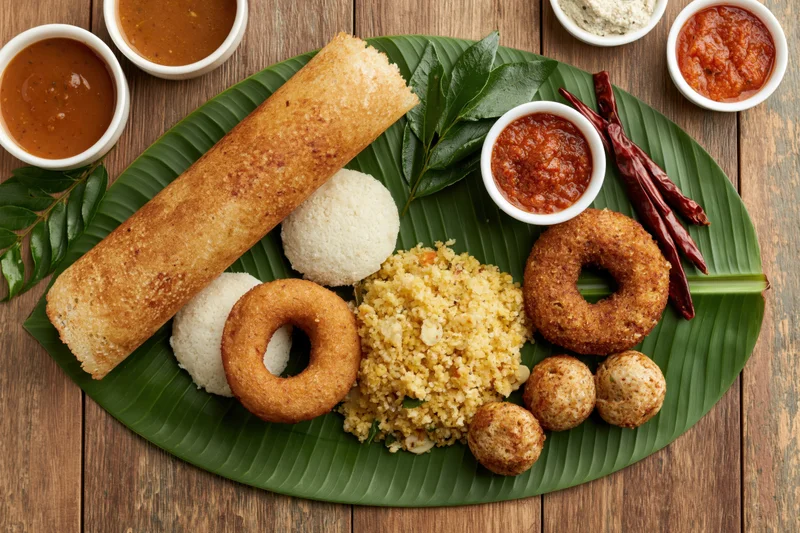 South indian breakfast spread arranged on a banana leaf with dosa, idli, vada, upma, chutney and sambar on wooden table