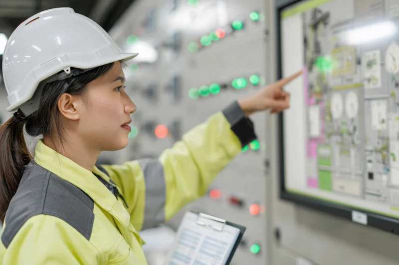 Woman in safety helmet pointing at industrial control panel in factory setting