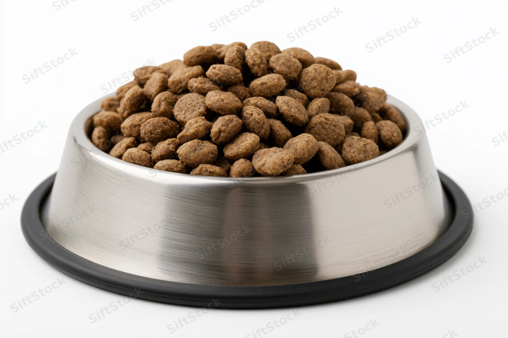 Stainless steel pet food bowl filled with dry kibble on white background