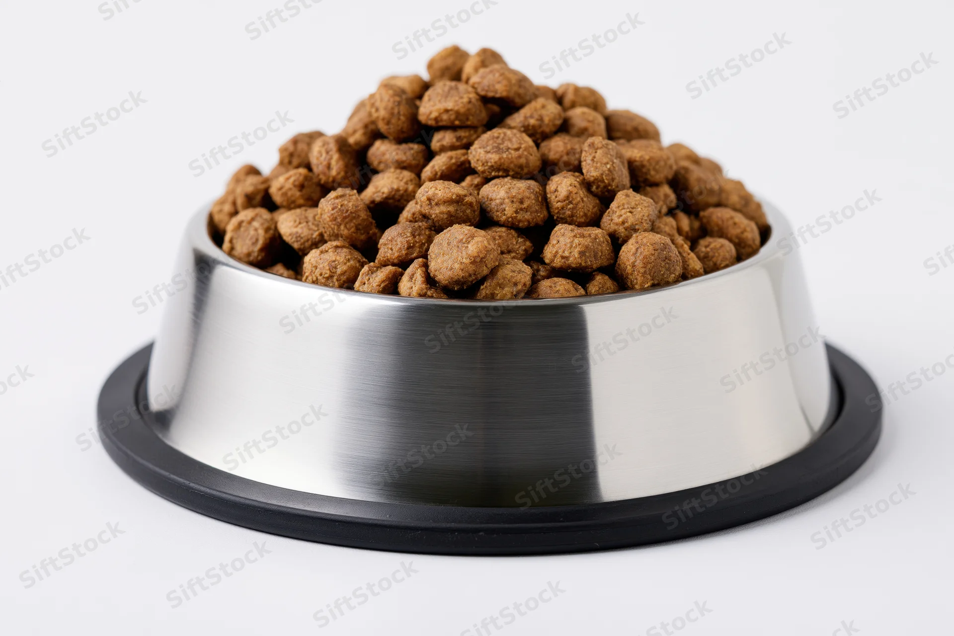 Stainless steel pet food bowl heaped with dry kibble on white background
