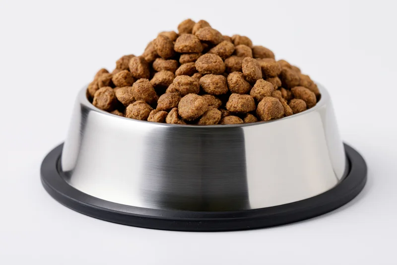 Stainless steel pet food bowl heaped with dry kibble on white background