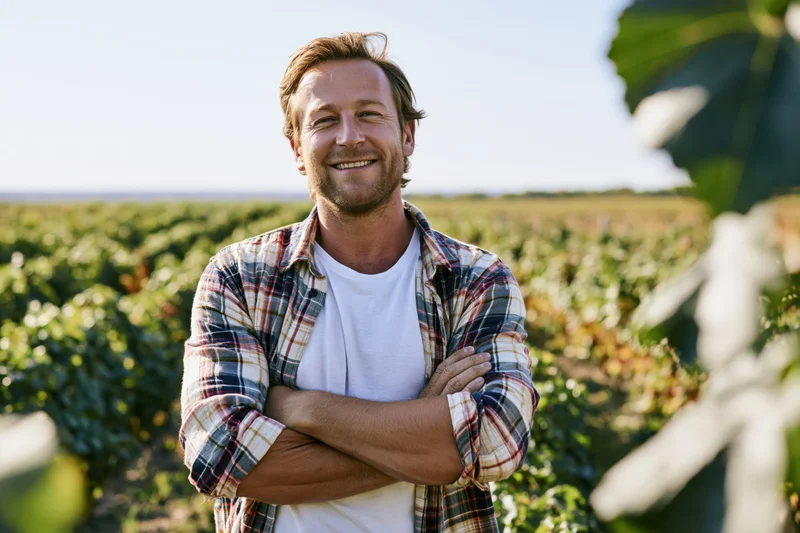 Man with arms crossed smiling in a sunlit vineyard