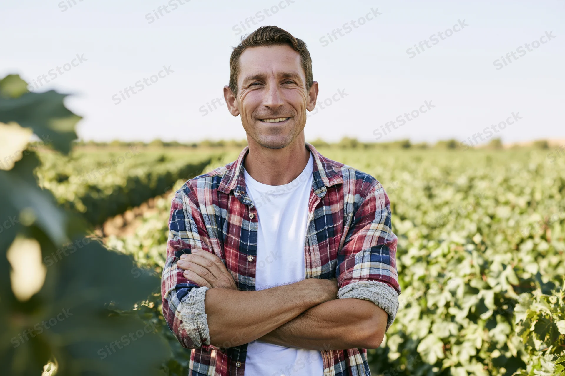 Man with arms crossed smiling in a sunlit vineyard