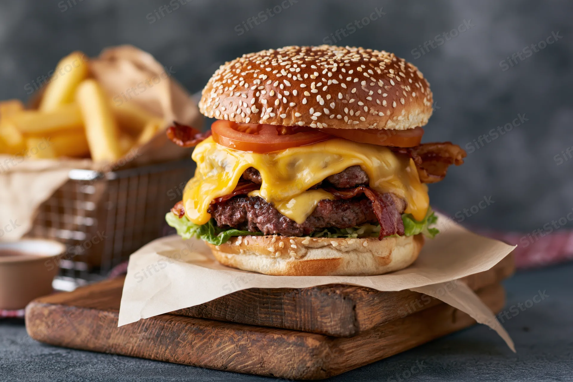 Double cheeseburger with bacon and melted cheese on sesame bun served with fries on wooden board