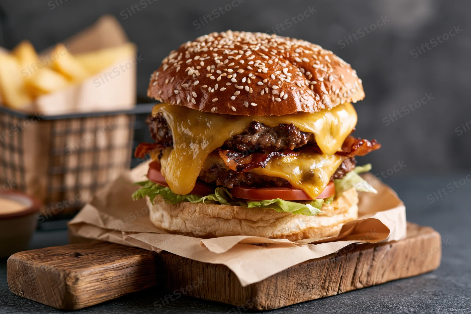 Double cheeseburger with bacon and melted cheese on sesame bun served on wooden board with fries in basket beside