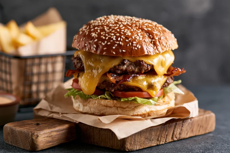 Double cheeseburger with bacon and melted cheese on sesame bun served on wooden board with fries in basket beside
