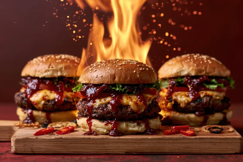 Three loaded beef burgers with cheese lettuce tomato on wooden board with flames rising behind