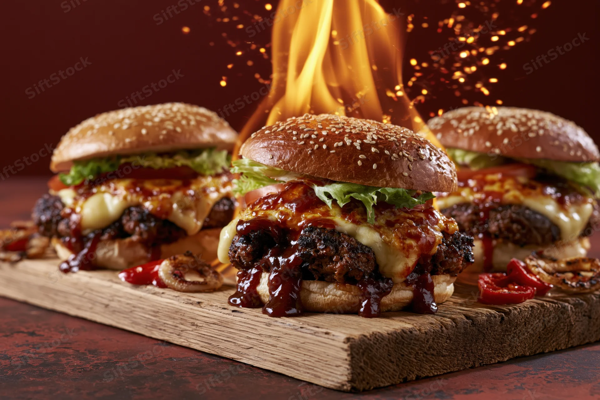 Three loaded beef burgers with cheese lettuce tomato on wooden board with flames and sparks
