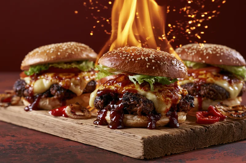 Three loaded beef burgers with cheese lettuce tomato on wooden board with flames and sparks