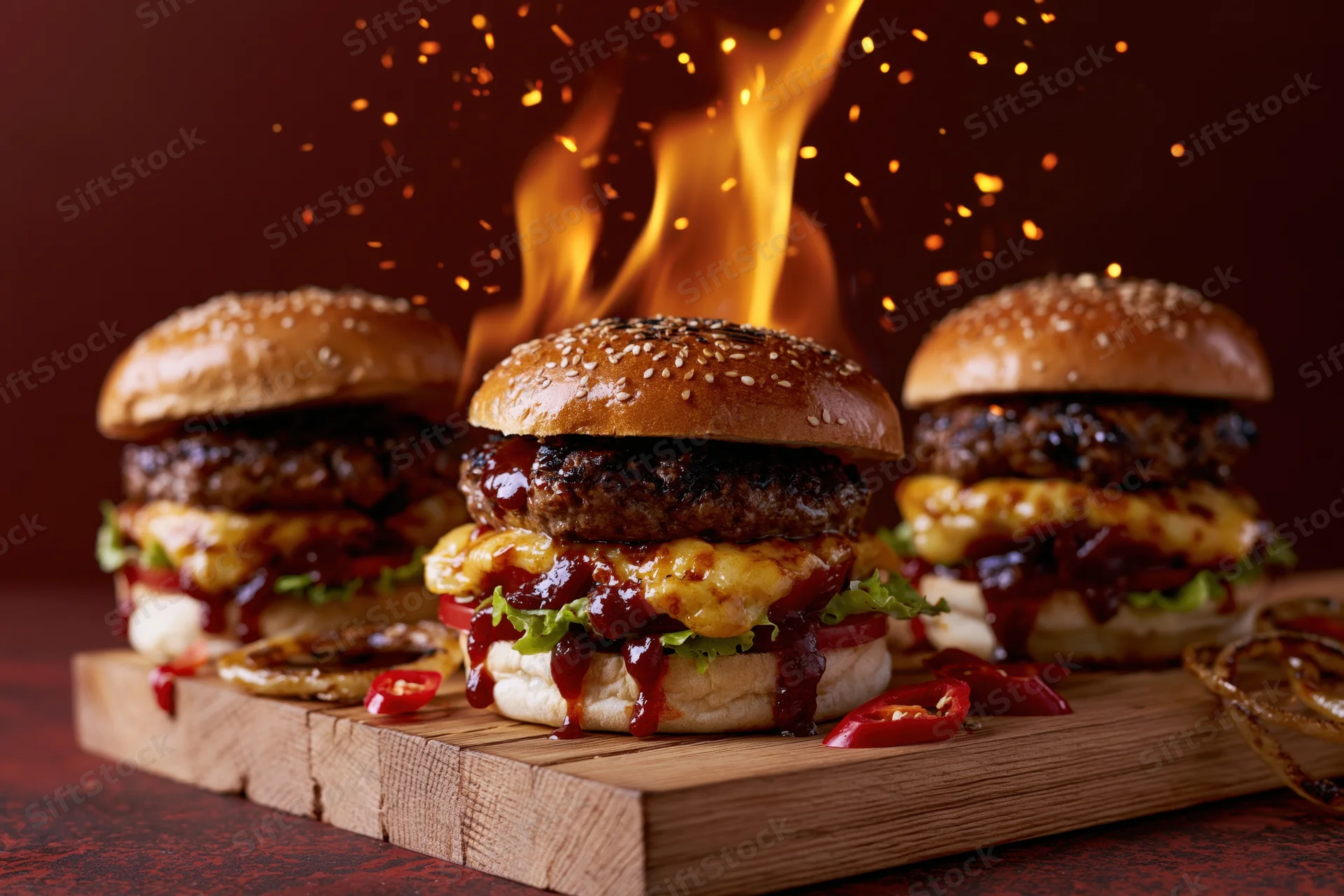 Three loaded beef burgers with cheese lettuce tomato on wooden board with flames and sparks