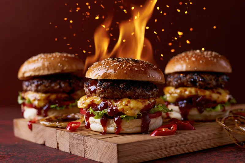 Three loaded beef burgers with cheese lettuce tomato on wooden board with flames and sparks