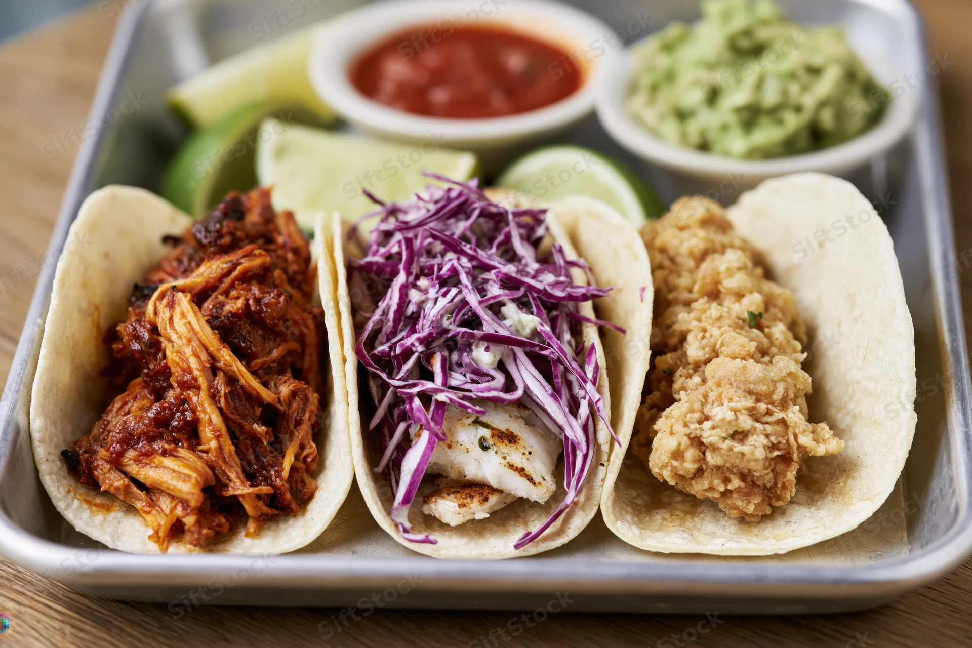 Three street-style tacos with chicken, fish, and pork on a metal tray with guacamole, salsa, and lime wedges