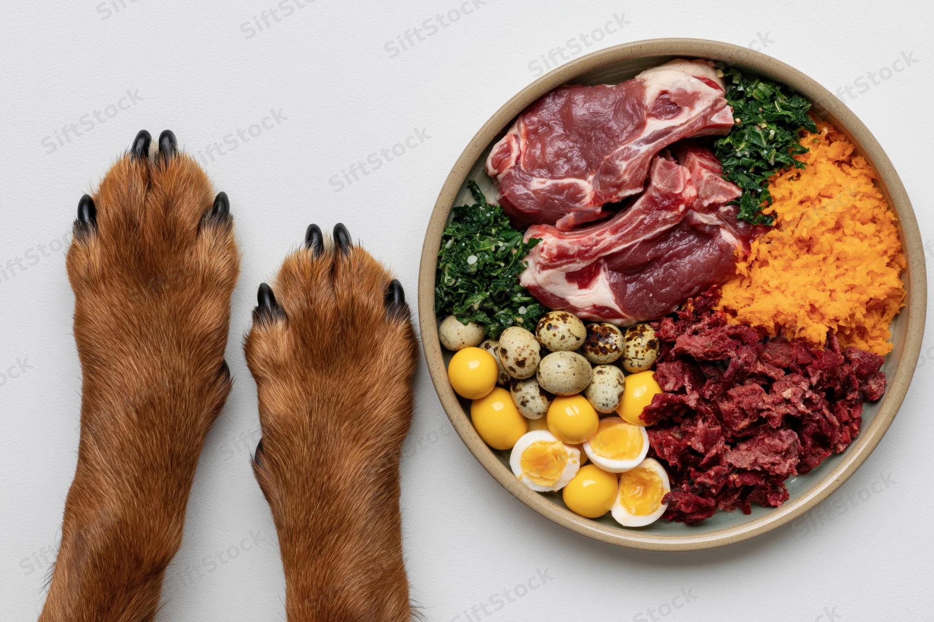 Dog paws resting beside a bowl of raw meat, vegetables, eggs and liver on a white surface