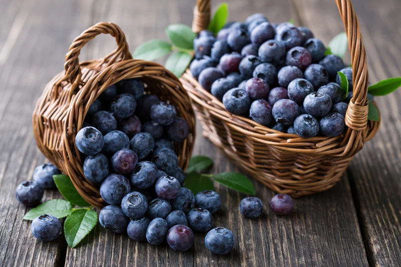 Two wicker baskets filled with fresh blueberries on a wooden table, some spilling out with green leaves scattered around