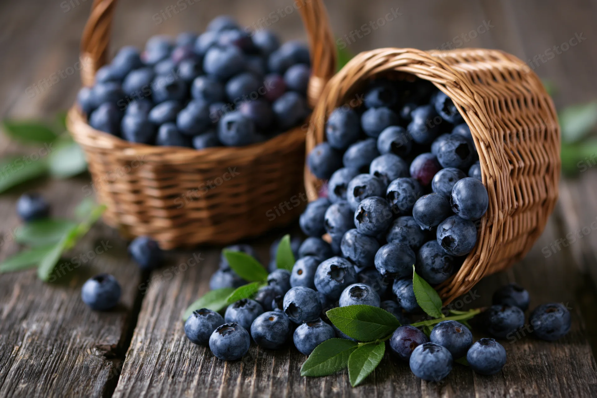 Two wicker baskets overflowing with fresh blueberries on a rustic wooden table