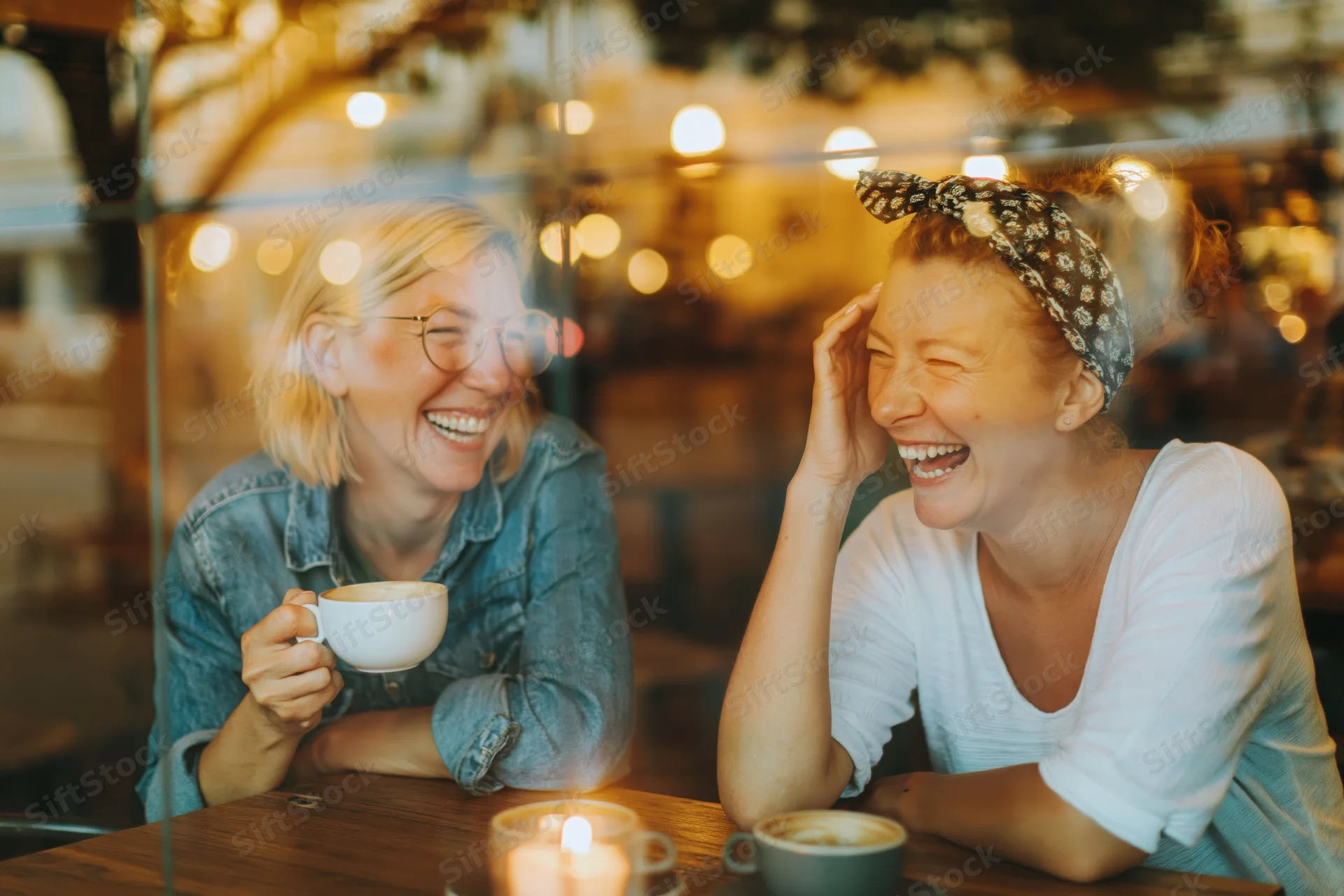Two women laughing together at a wooden cafe table through a glass window