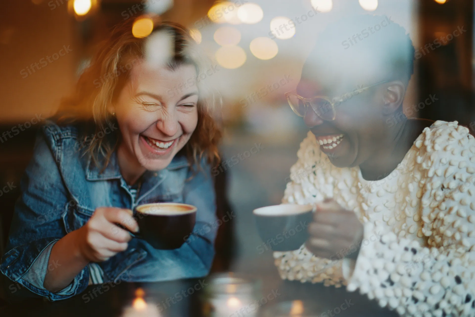 Two women laughing over coffee cups at a cafe table viewed through glass