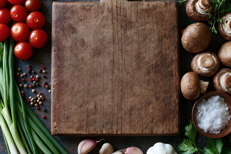 Weathered wooden cutting board surrounded by fresh vegetables and herbs on dark rustic surface