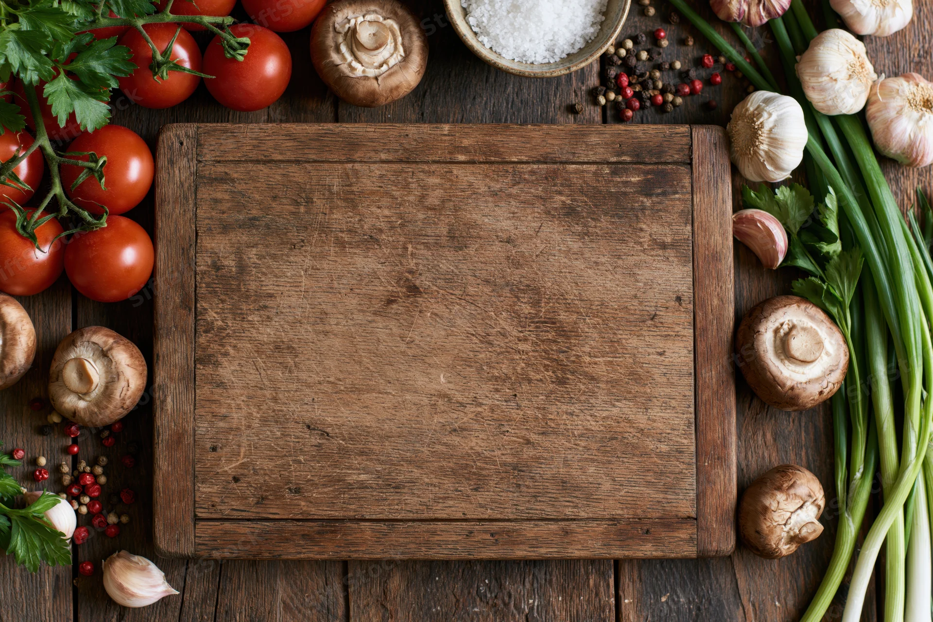 Weathered wooden cutting board surrounded by fresh vegetables and herbs on dark rustic countertop