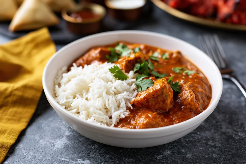 White bowl of indian chicken curry with steamed basmati rice on dark surface