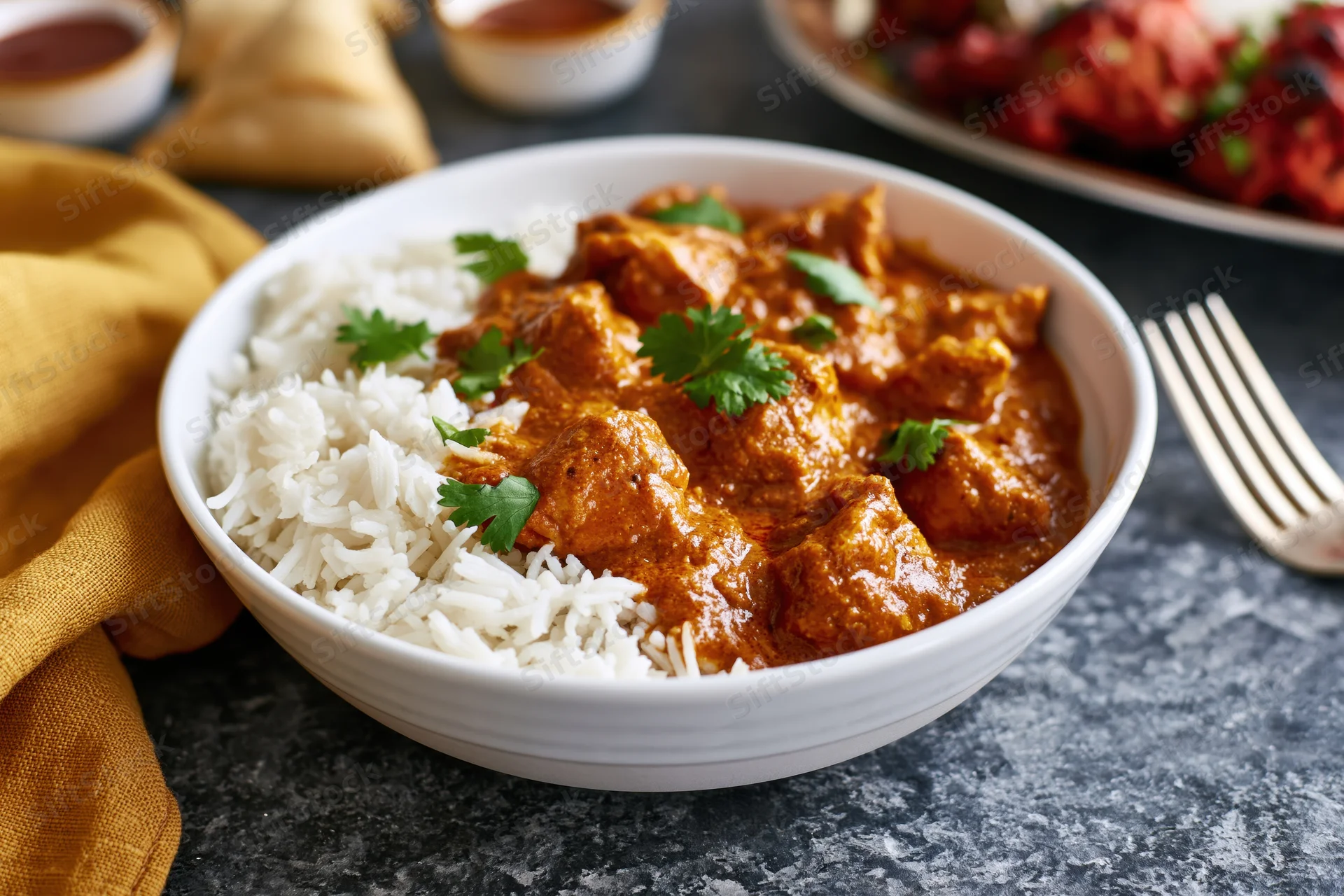 White bowl of indian chicken curry with basmati rice on gray table