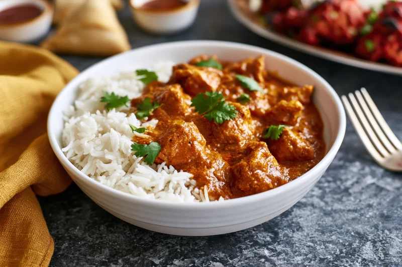 White bowl of indian chicken curry with basmati rice on gray table
