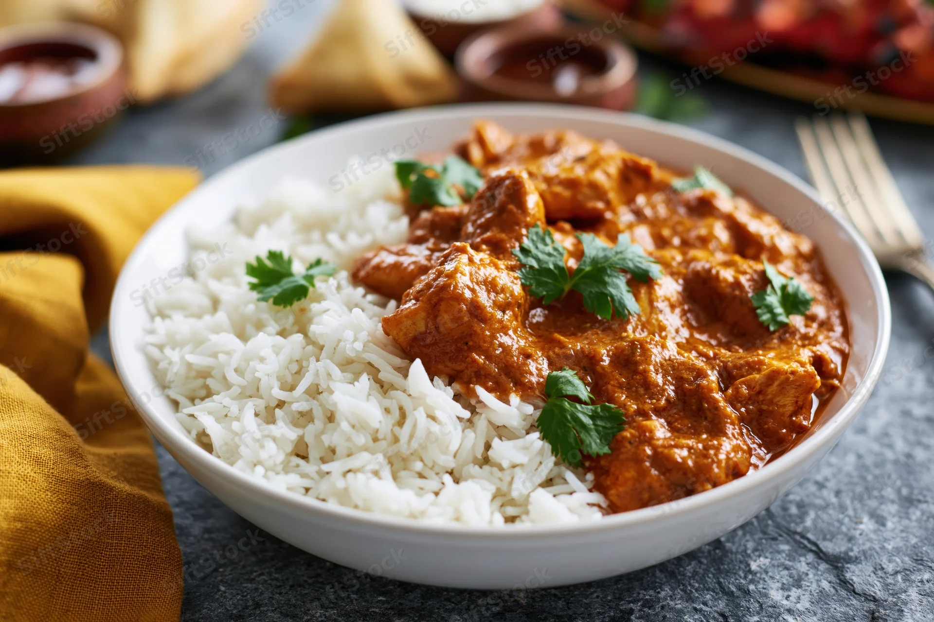 White bowl of indian chicken curry with basmati rice on stone surface