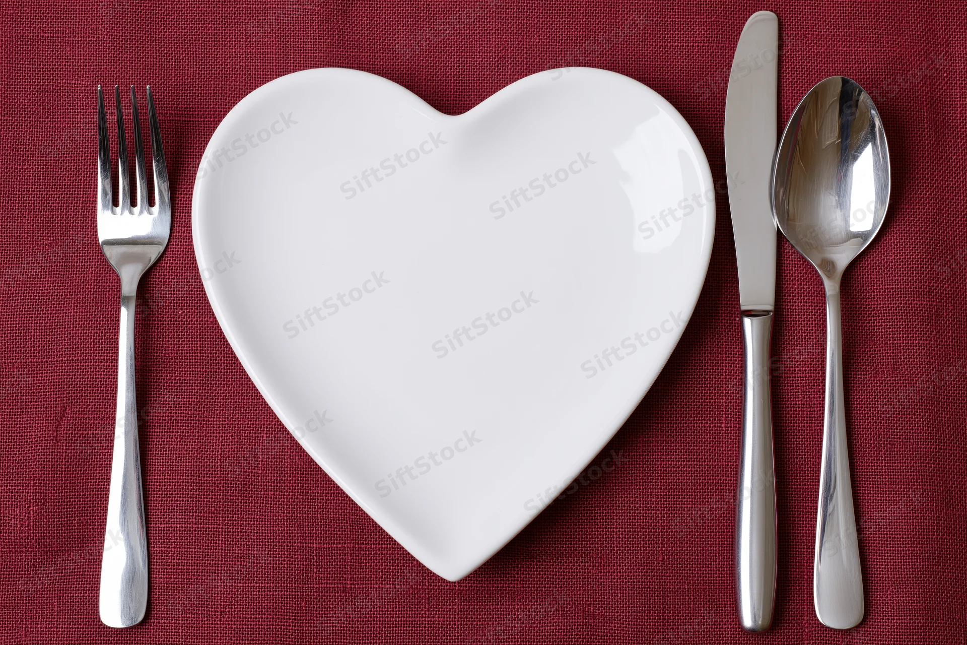 Heart-shaped white ceramic plate centered on red linen table with fork, knife and spoon arranged around it