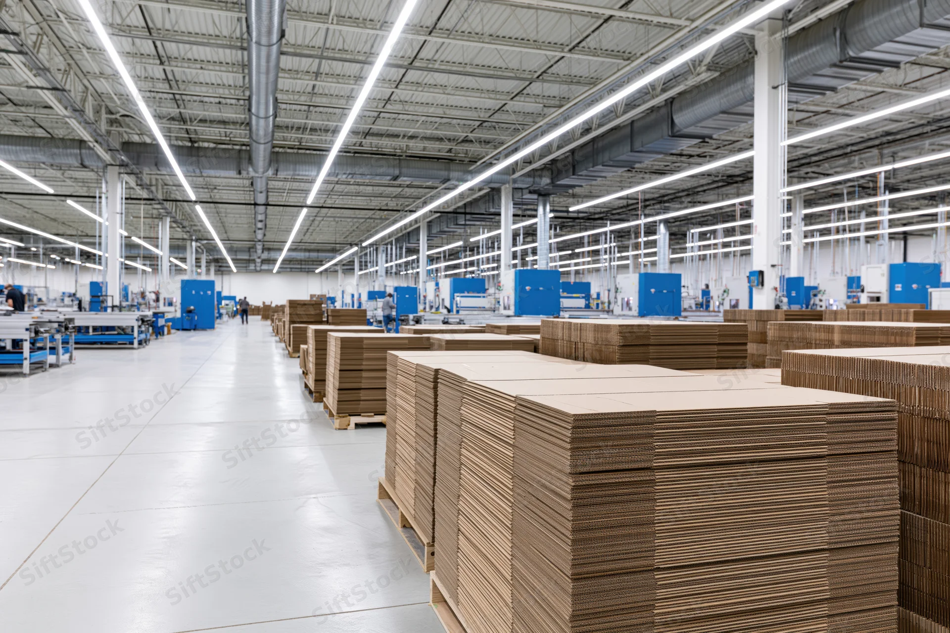 Wide interior view of a modern factory with stacks of cardboard boxes and machinery along the production line