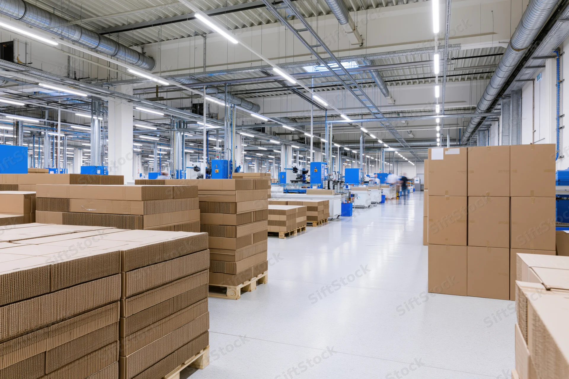 Wide interior view of a modern factory with stacked cardboard boxes and industrial machinery under bright fluorescent lighting