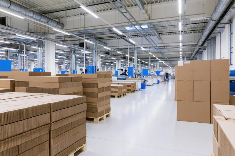 Wide interior view of a modern factory with stacked cardboard boxes and industrial machinery under bright fluorescent lighting