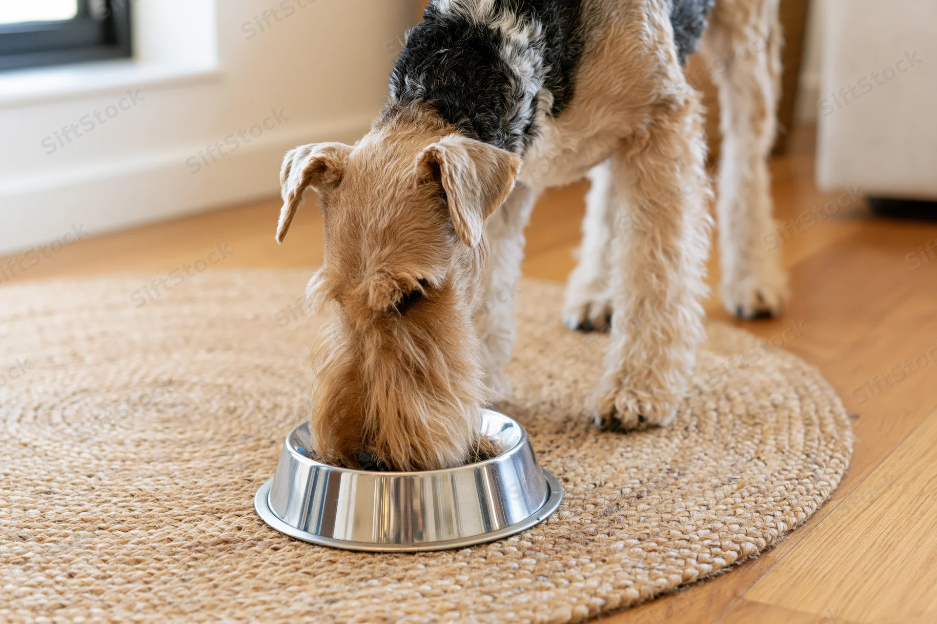Wire fox terrier eating from a stainless steel bowl on a round jute rug in a home interior