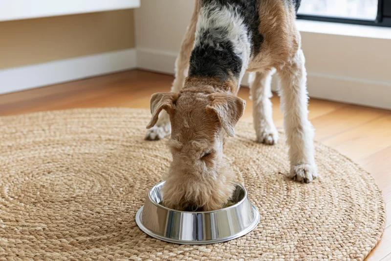 Wire fox terrier eating from a stainless steel bowl on a round jute rug indoors