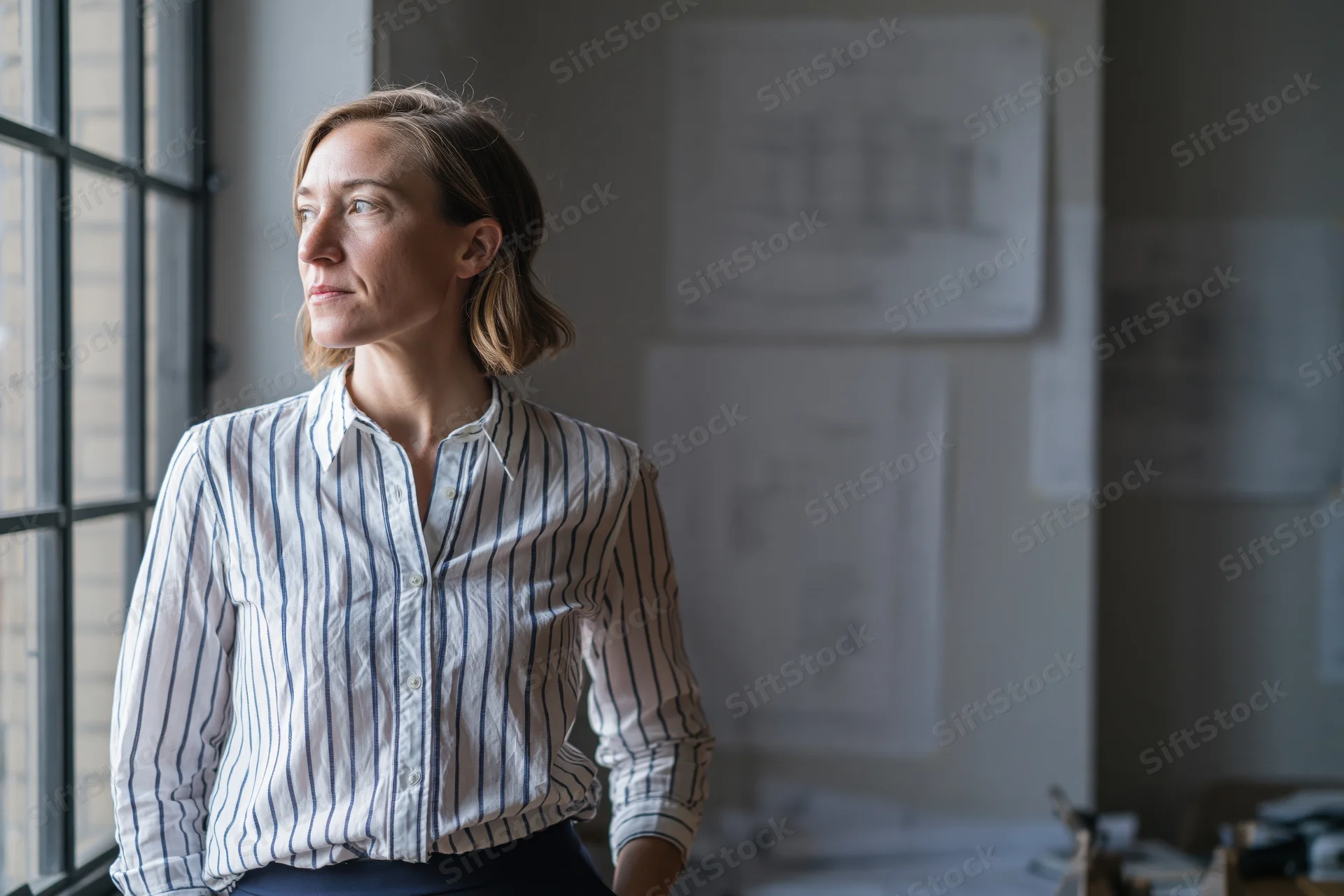 Woman architect standing by large window looking thoughtful in office with blueprints on wall