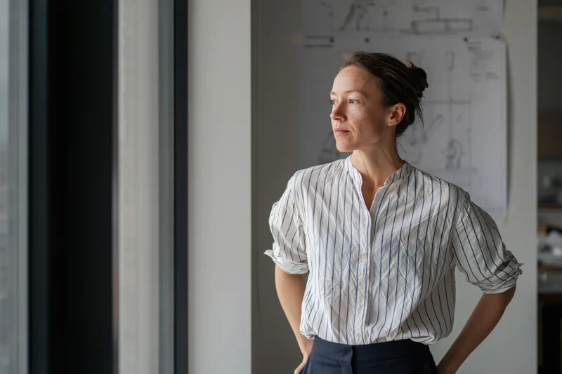 Woman architect standing by window looking thoughtful in office