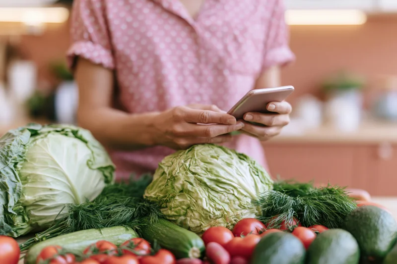 Woman browsing smartphone over fresh vegetables on kitchen countertop