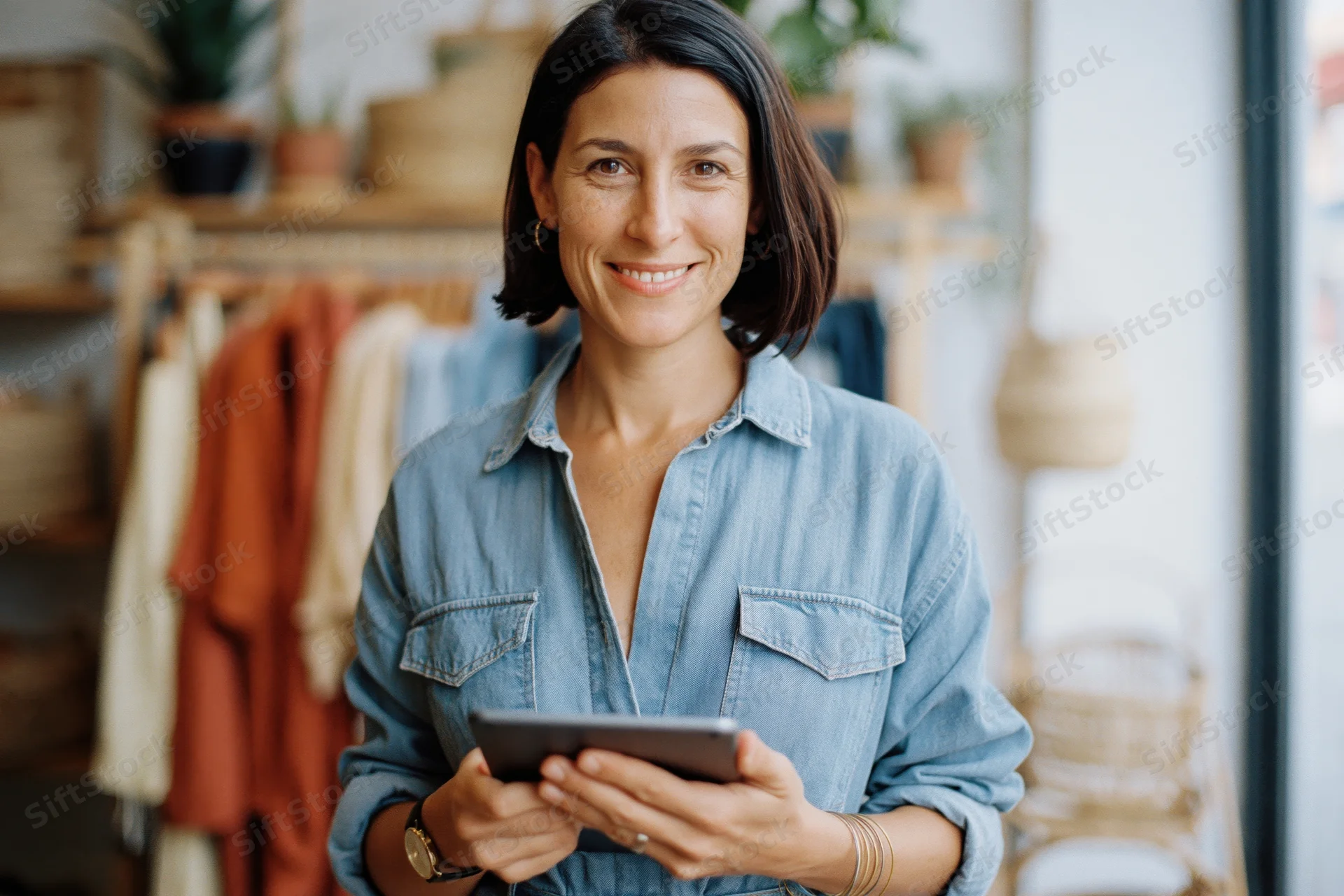 Woman smiling while holding tablet in boutique clothing store