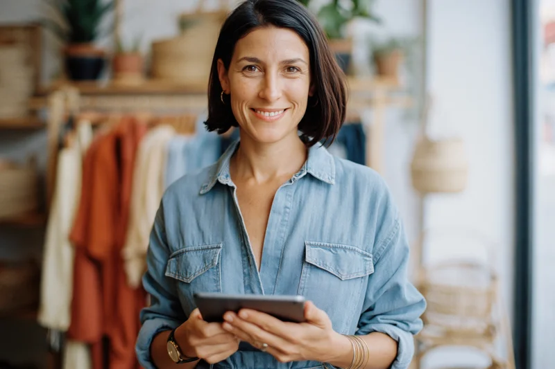Woman smiling while holding tablet in boutique clothing store