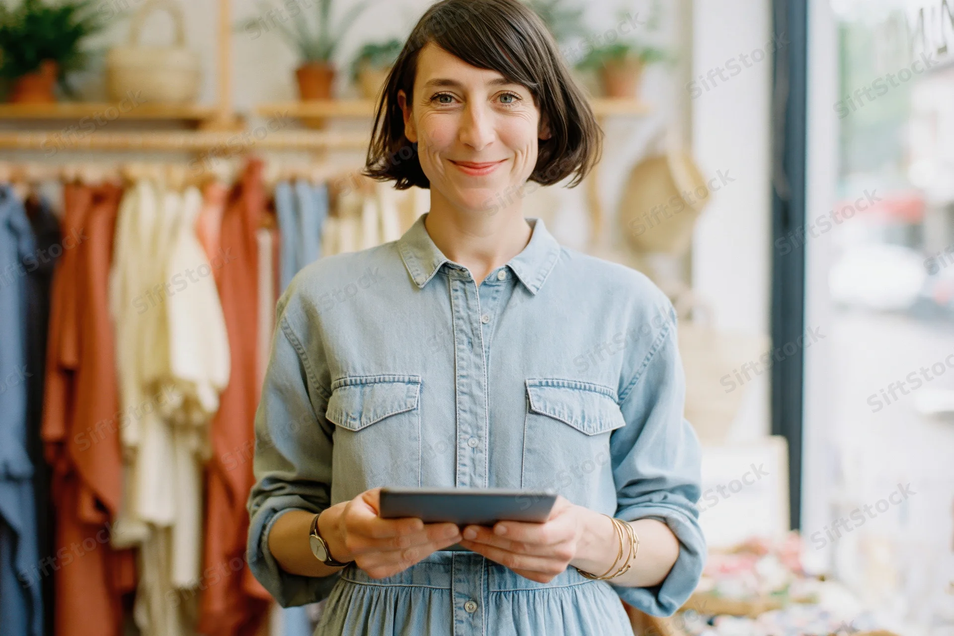 Woman smiling while holding tablet in boutique clothing store