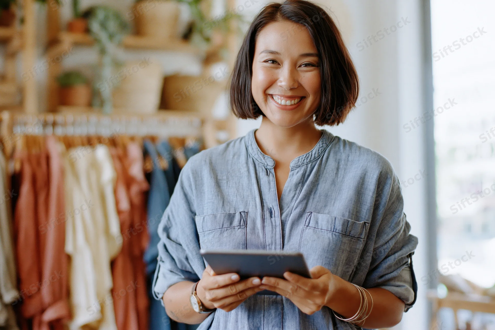 Woman smiling while holding tablet in boutique clothing shop