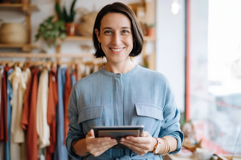 Woman smiling while holding tablet in boutique clothing store