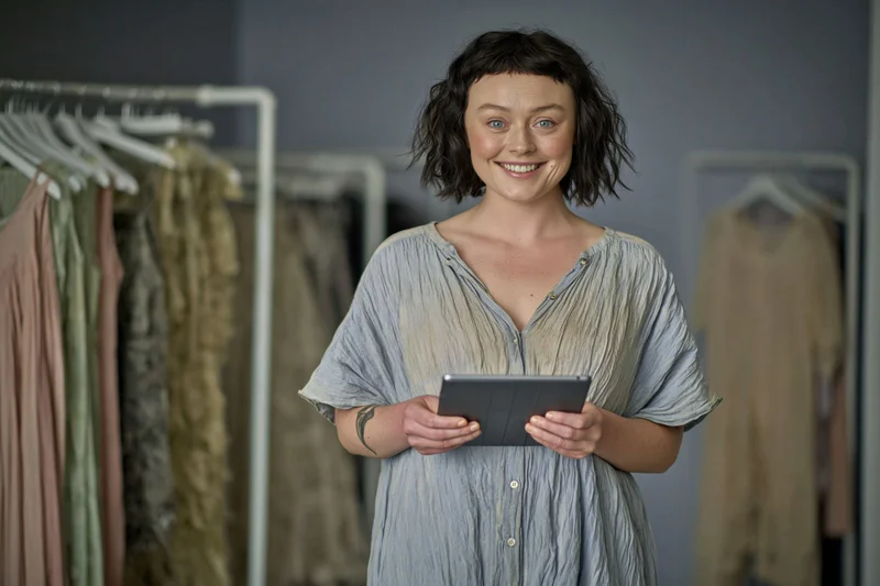 Woman holding tablet in boutique clothing store smiling at camera