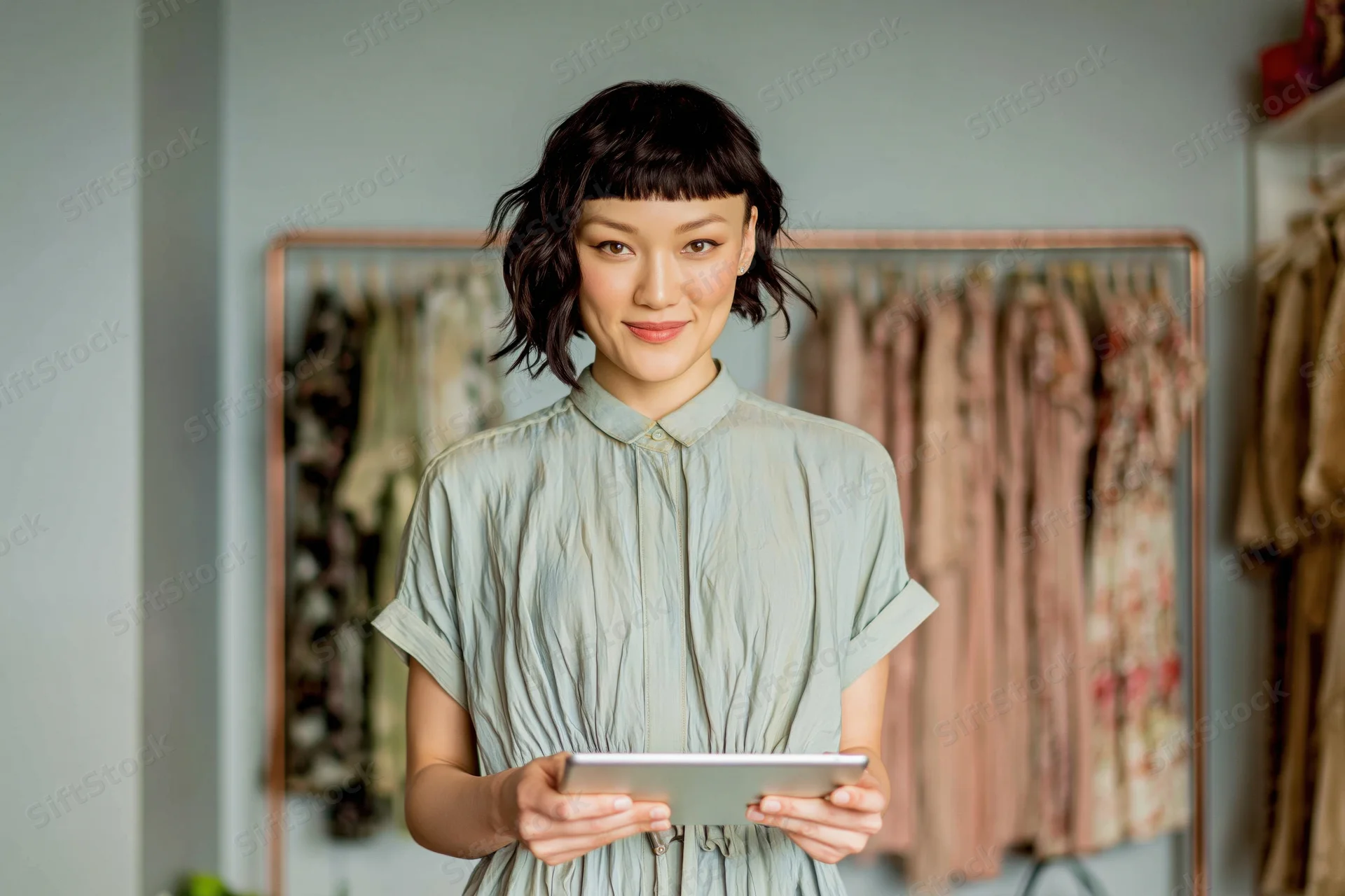 Woman holding tablet in boutique clothing store smiling at camera