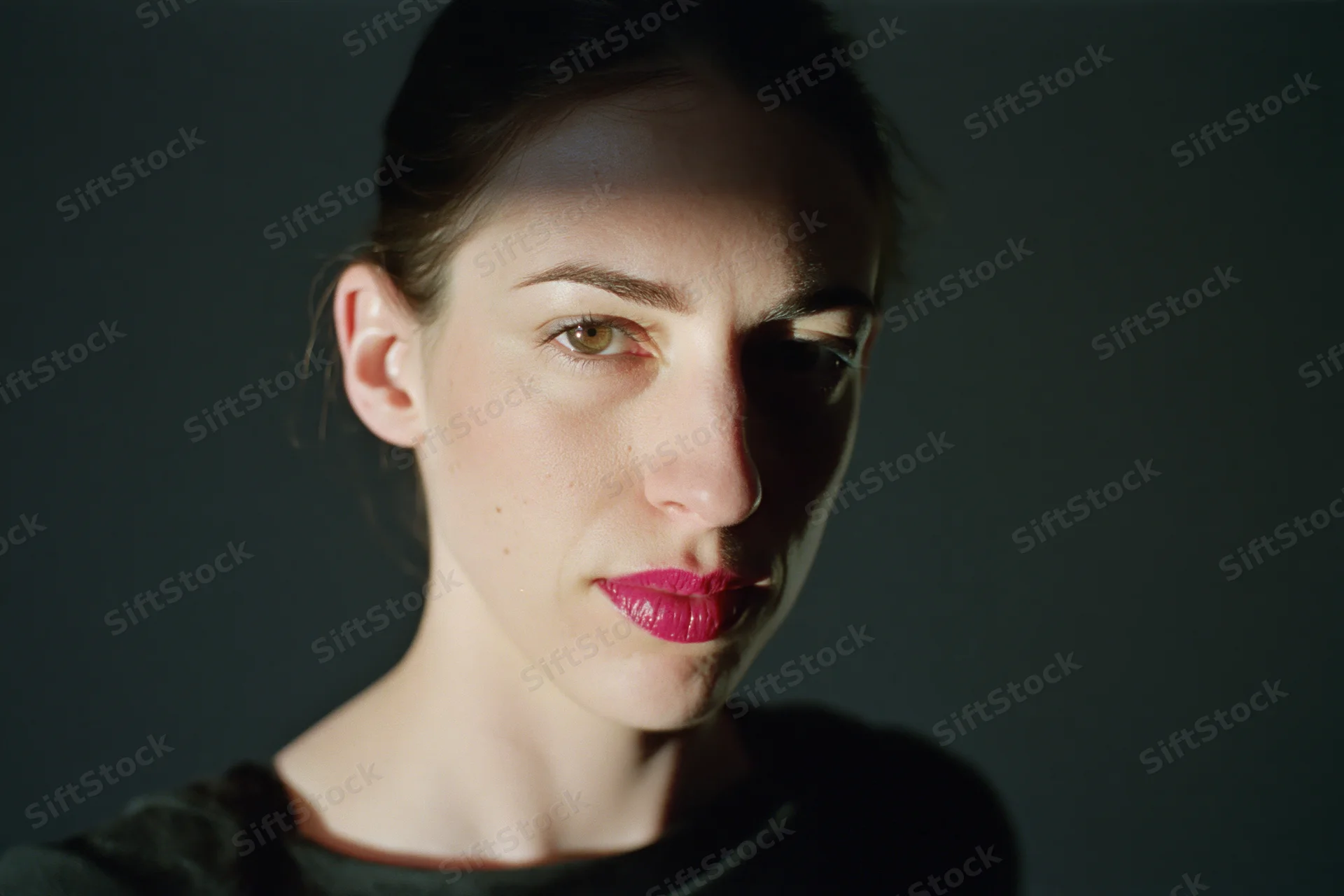 Woman with dark hair pulled back and bright pink lips in studio lighting